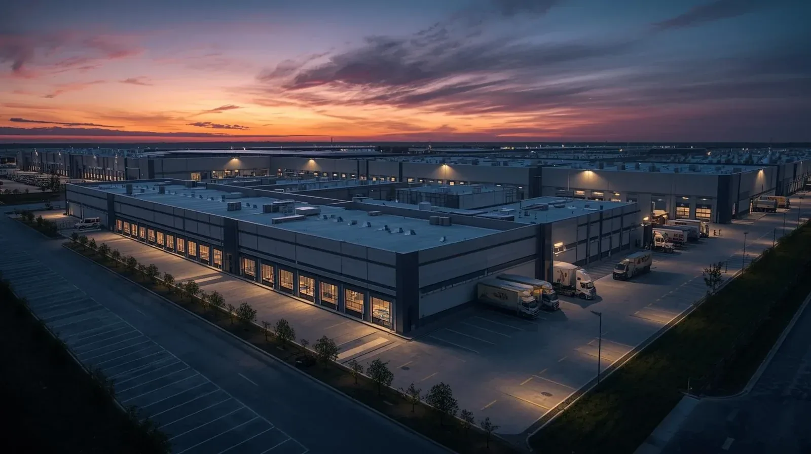 Large UK distribution warehouse with delivery lorries representing high-value properties