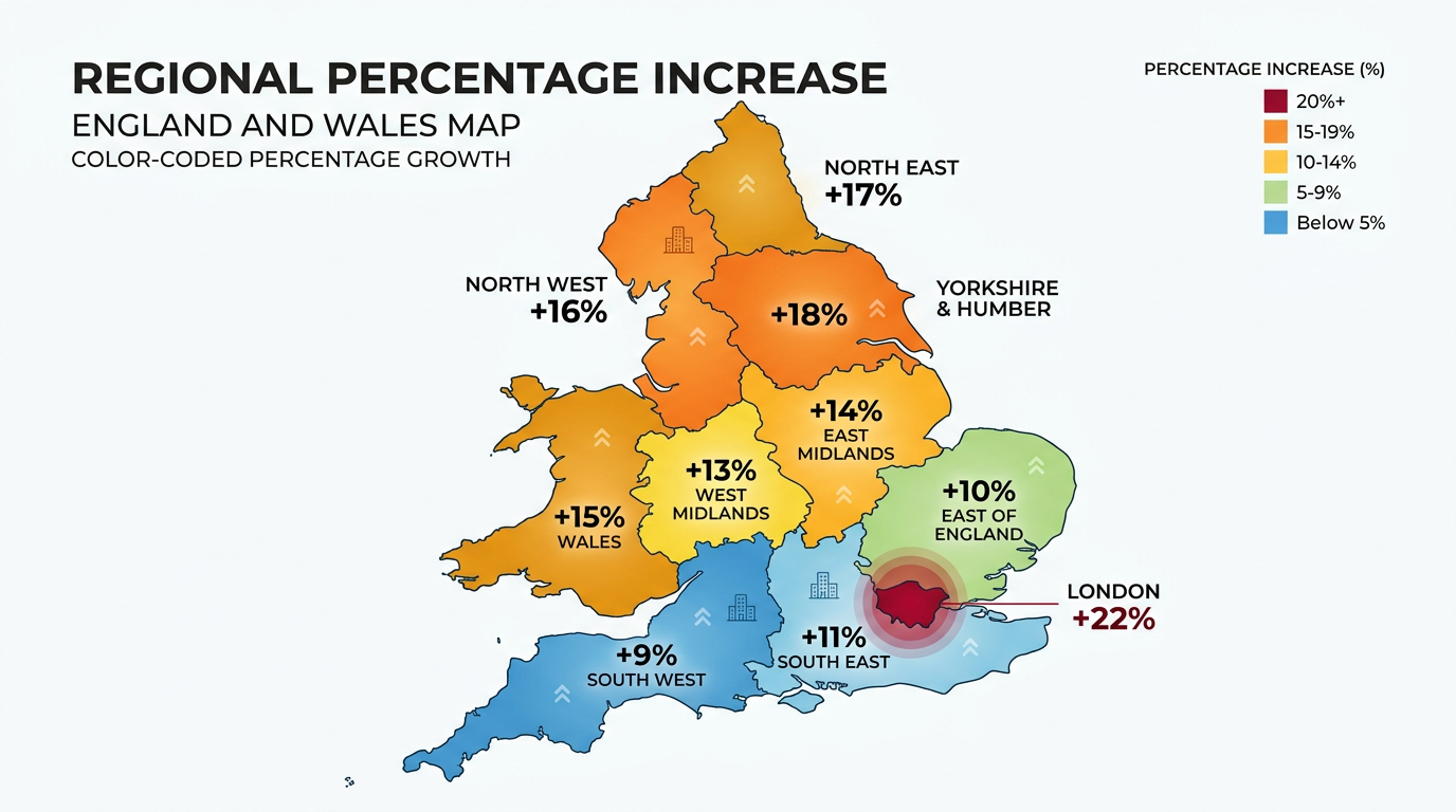 Regional map of England and Wales showing percentage increases in rateable values for the 2026 revaluation