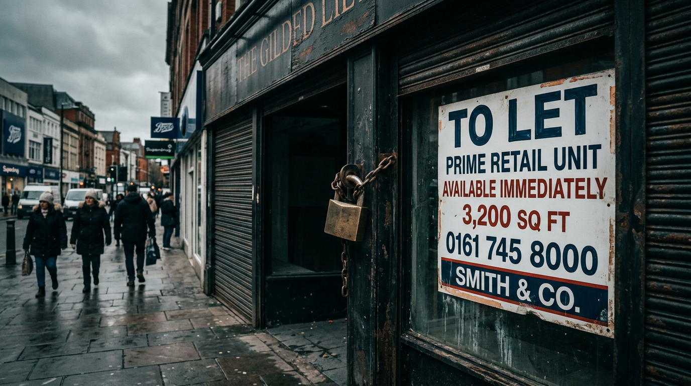 Padlocked vacant commercial property on a UK high street with a To Let sign