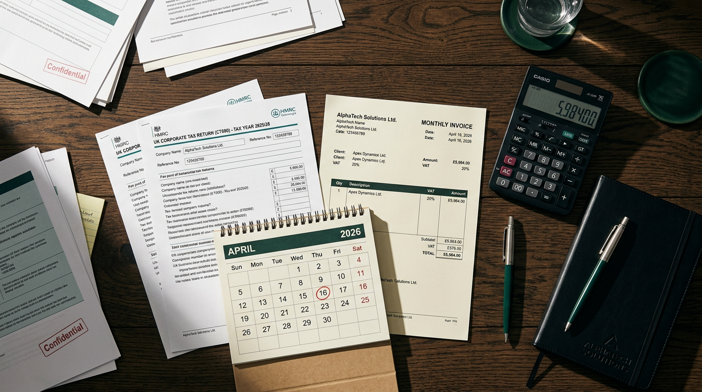 Business documents and April 2026 calendar on a desk representing the business rates deadline
