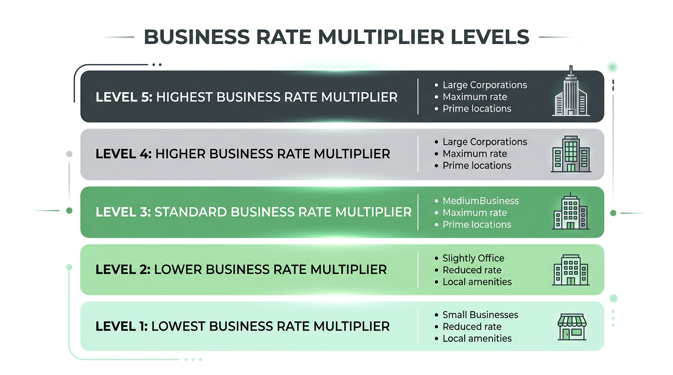 Infographic showing the five tiers of business rates multipliers effective from April 2026
