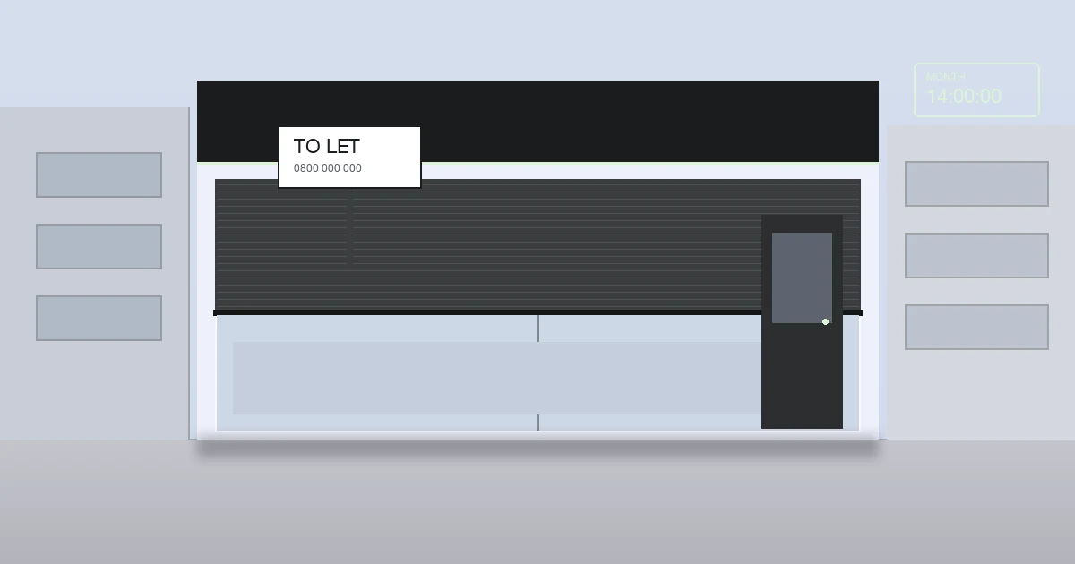 Architectural illustration of a vacant UK high-street shopfront with a half-lowered shutter and To Let board, a subtle countdown motif in the upper corner