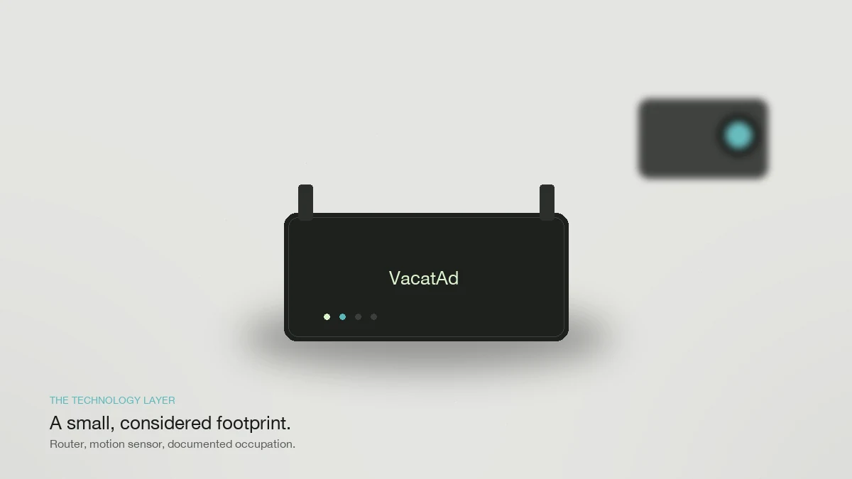 Minimalist top-down product photograph of a VacatAd WiFi router on a concrete surface, with a motion camera softly out of focus in the background